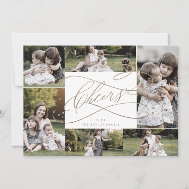 Romantic Gold Cheers New Years 7 Photo Family News Holiday Card (Front)