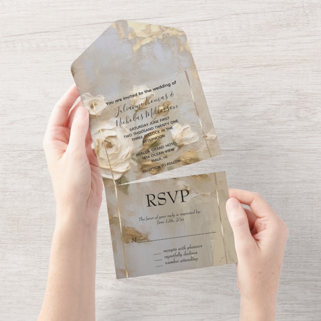 Romantic Gold Cream White Roses All In One Invitation (Tearaway)
