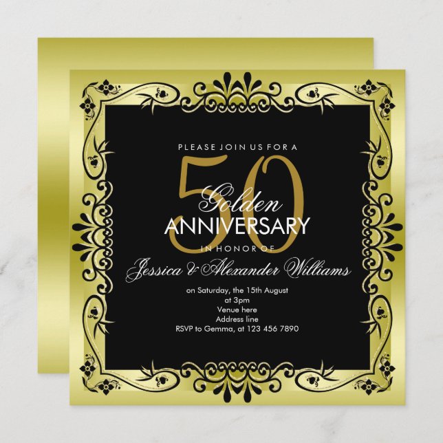 Romantic Gold Decorative Framed 50th Wedding Invitation (Front/Back)