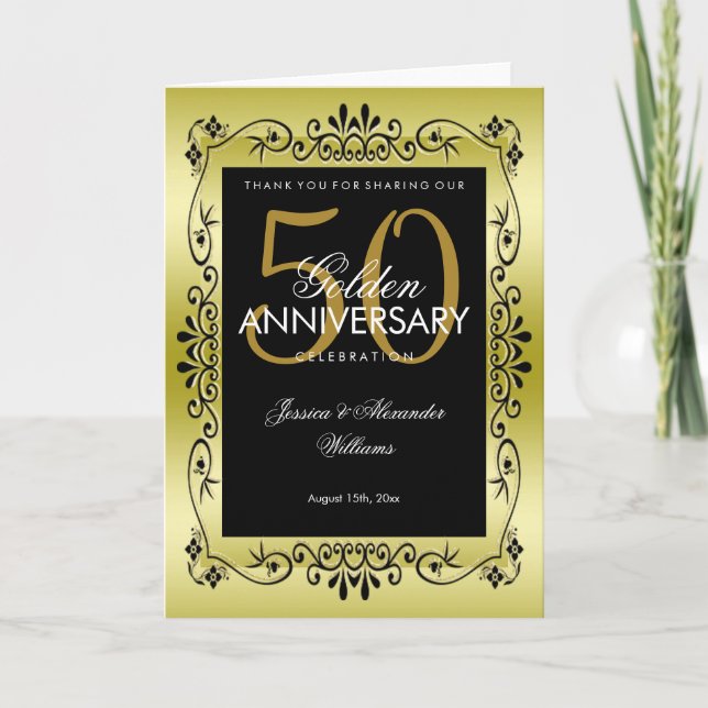 Romantic Gold Decorative Framed 50th Wedding Thank You Card (Front)