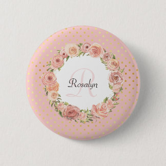 Romantic Gold Dotted Rose Floral Monogrammed Name 6 Cm Round Badge
