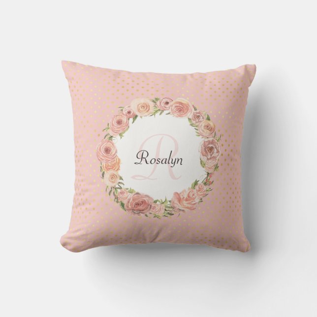 Romantic Gold Dotted Rose Floral Monogrammed Name Cushion (Front)