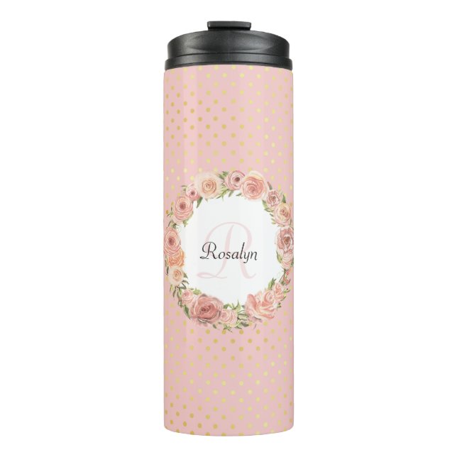 Romantic Gold Dotted Rose Floral Monogrammed Name Thermal Tumbler (Front)