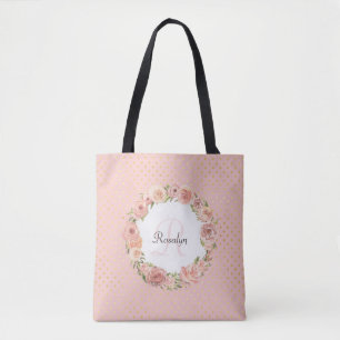 Romantic Gold Dotted Rose Floral Monogrammed Name Tote Bag