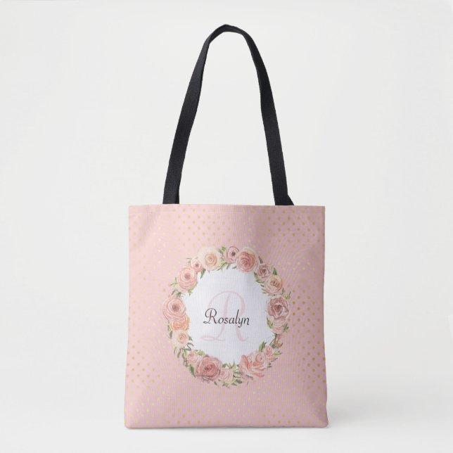 Romantic Gold Dotted Rose Floral Monogrammed Name Tote Bag (Front)