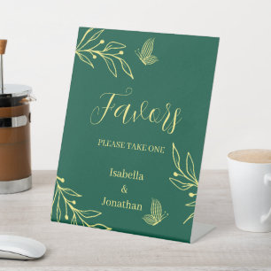 Romantic gold floral emerald wedding favours table pedestal sign