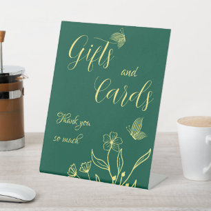 Romantic gold floral emerald wedding gift & cards pedestal sign