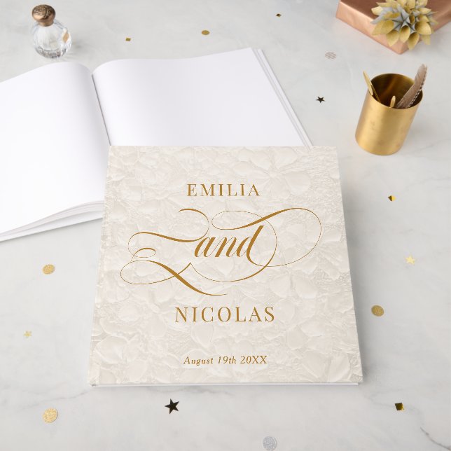 Romantic Gold Floral Pattern Wedding Guest Book (Front Open)