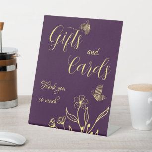 Romantic gold floral purple wedding gift & cards pedestal sign