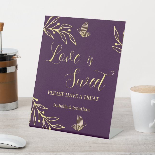 Romantic gold floral purple wedding treat table pedestal sign (In SItu)