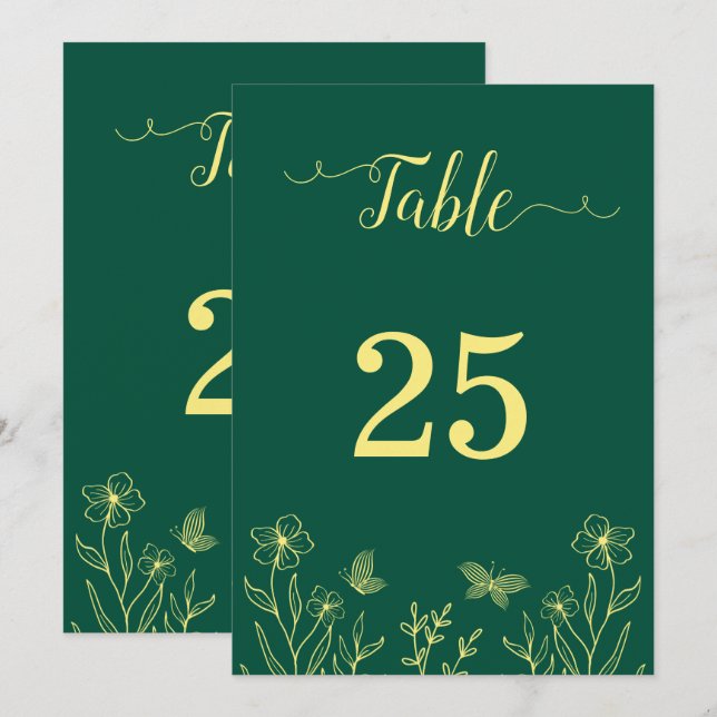 Romantic gold flower emerald table table number (Front/Back)