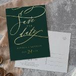 Romantic Gold Foil and Emerald Green Save the Date Foil Invitation Postcard<br><div class="desc">This romantic gold foil and emerald green save the date foil invitation postcard is perfect for a simple wedding. The modern classic design features fancy swirls and whimsical flourishes with gorgeous elegant hand lettered luxurious pressed gold foil typography.</div>