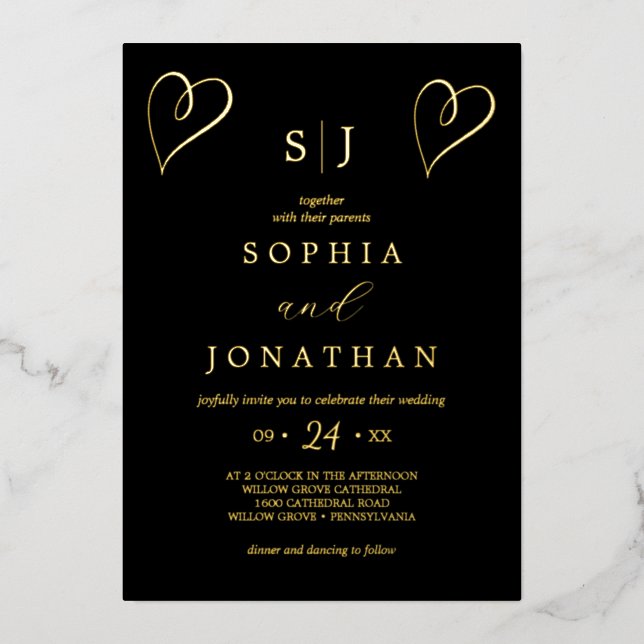 Romantic Gold Foil | Black Monogram Wedding (Front)