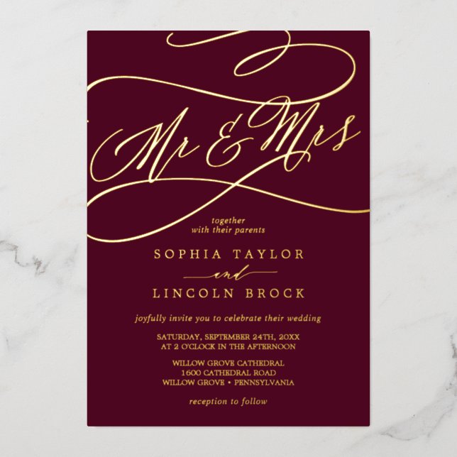 Romantic Gold Foil | Burgundy Mr & Mrs Wedding (Front)