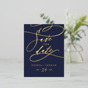 Romantic Gold Foil Calligraphy Navy Save the Date Foil Invitation Postcard