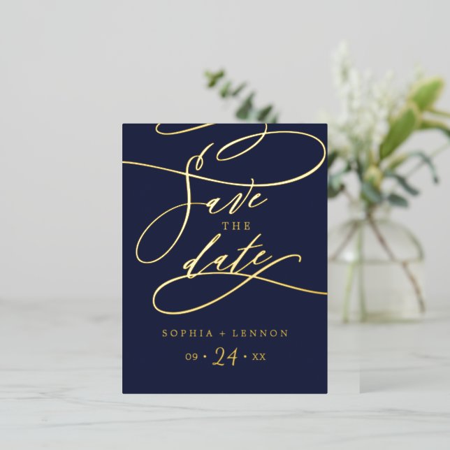 Romantic Gold Foil Calligraphy Navy Save the Date Invitation Postcard (Standing Front)