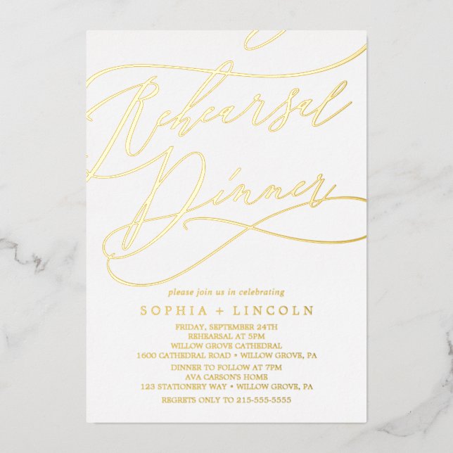 Romantic Gold Foil Calligraphy Rehearsal Dinner (Front)