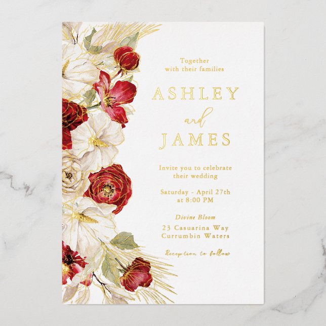 Romantic Gold Foil Floral Red Roses Wedding (Front)