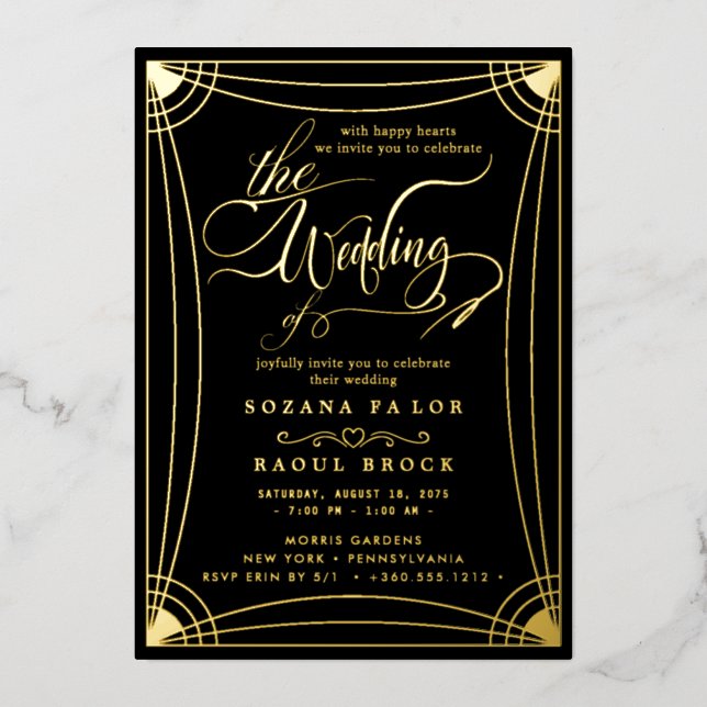 Romantic Gold Foil | Navy Blue Frame Wedding (Front)