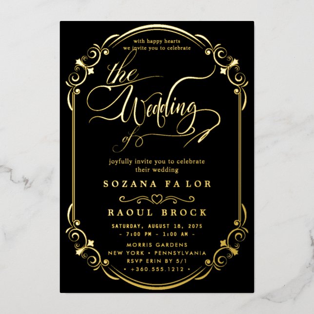 Romantic Gold Foil | Navy Blue Frame Wedding (Front)