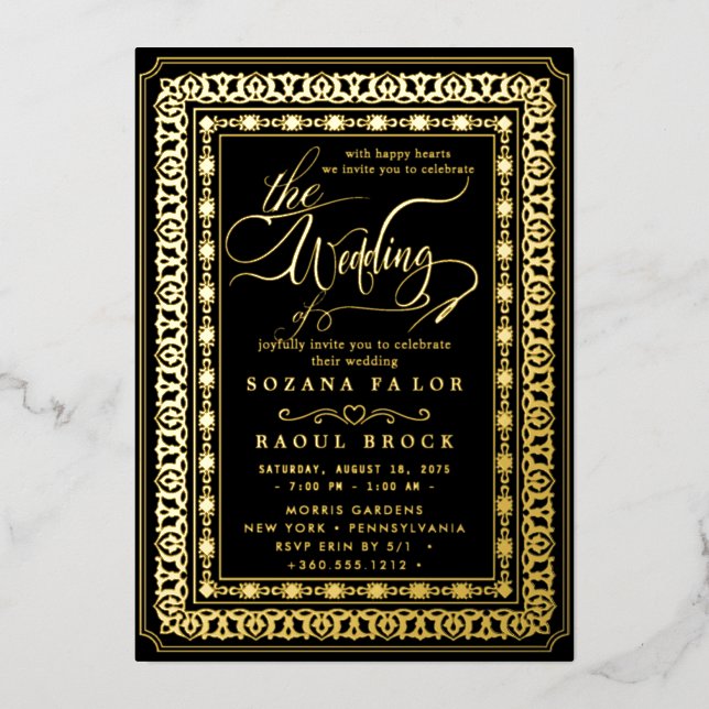 Romantic Gold Foil | Navy Blue Frame Wedding (Front)