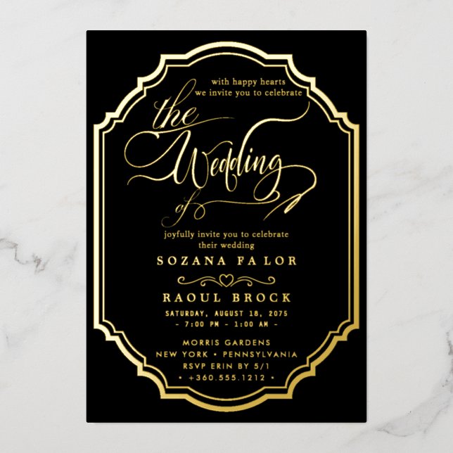 Romantic Gold Foil | Navy Blue Frame Wedding (Front)