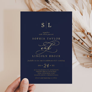 Romantic Gold Foil Navy Blue Monogram Wedding