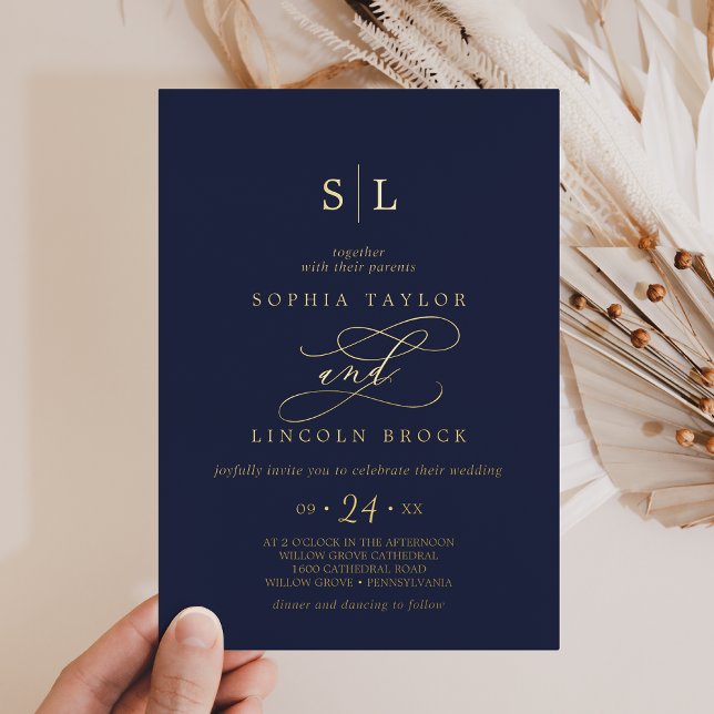 Romantic Gold Foil | Navy Blue Monogram Wedding (Creator Uploaded)