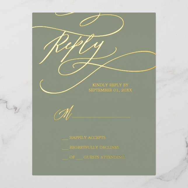 Romantic Gold Foil | Sage Green Simple RSVP Card (Front)