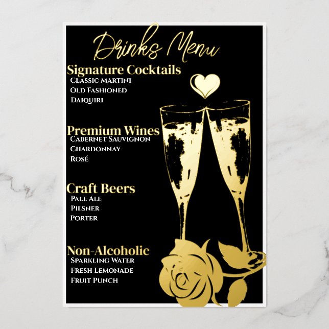 Romantic Gold-Foiled Cocktail Party Bar Menu (Front)