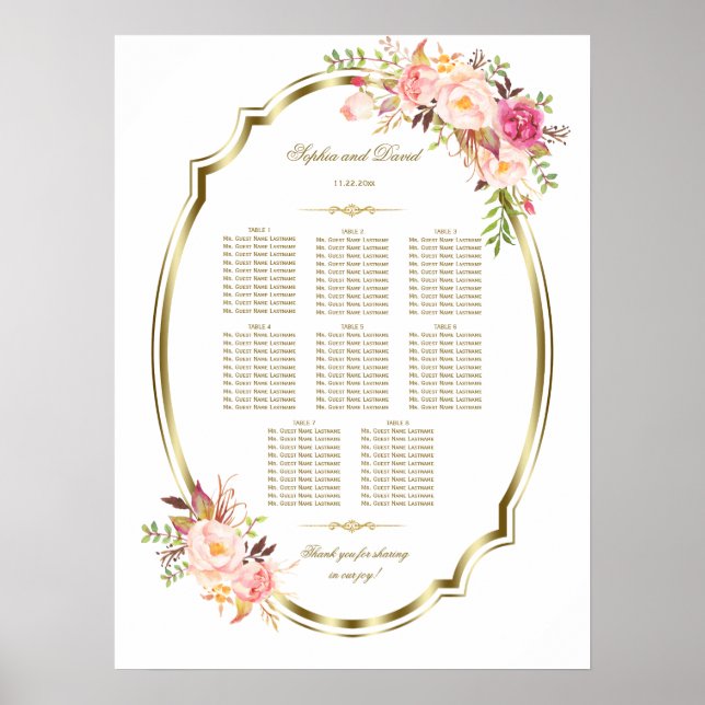 Romantic Gold Frame Blush Floral Seating Chart (Front)