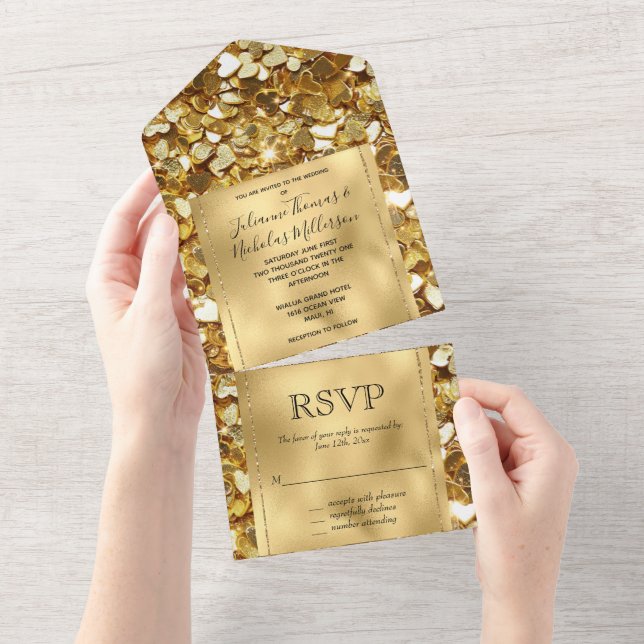 Romantic Gold Glam Glitzy Sparkle Hearts Wedding All In One Invitation (Tearaway)