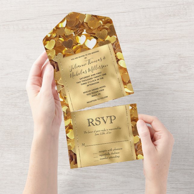 Romantic Gold Glam Hearts Wedding All In One Invitation (Tearaway)