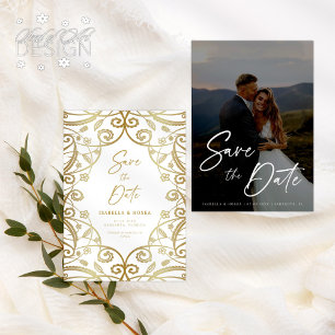 Romantic Gold Glitter Floral Lace Wedding Photo Save The Date