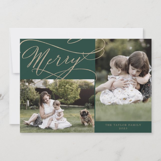Romantic Gold Green Merry 3 Photo Year In Review Holiday Card (Front)