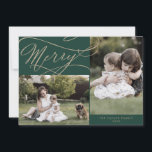 Romantic Gold Green Merry 3 Photo Year In Review Holiday Card<br><div class="desc">This romantic gold green merry 3 photo year in review holiday card is the perfect simple holiday greeting. The modern classic design features fancy swirls and whimsical flourishes with gorgeous elegant hand lettered faux champagne gold foil typography. Personalise the card with 3 photos, your family name, first names, and year....</div>