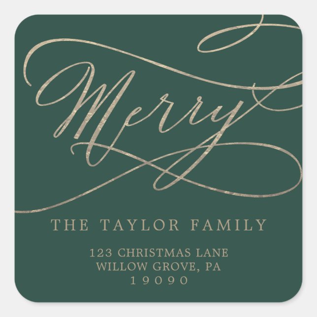 Romantic Gold Green Merry Return Address Envelope Square Sticker (Front)
