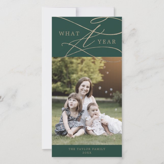 Romantic Gold Green What A Year Photo Family News Holiday Card (Front)