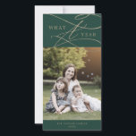 Romantic Gold Green What A Year Photo Family News Holiday Card<br><div class="desc">This romantic gold green what a year photo family news holiday card is the perfect simple holiday greeting. The modern classic design features fancy swirls and whimsical flourishes with gorgeous elegant hand lettered faux champagne gold foil typography. Personalise the front of the card with a photo, your family name and...</div>