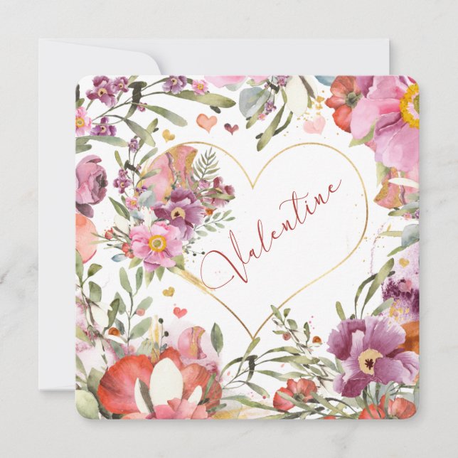Romantic Gold Heart Floral Valentines   Holiday Card (Front)