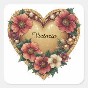 💞 Romantic Gold Heart Flowers For Wedding Mail 💞 Square Sticker