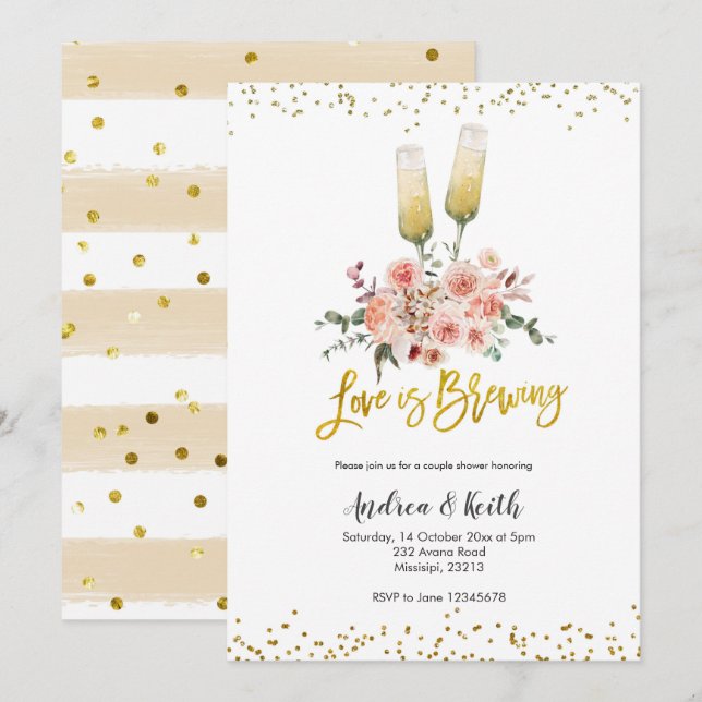 Romantic Gold Love is Brewing Couple Shower Invitation (Front/Back)