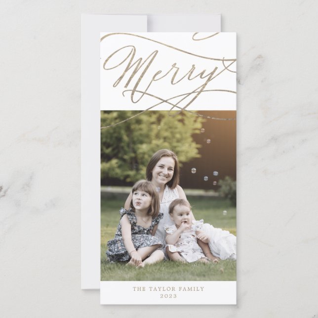 Romantic Gold Merry Christmas Photo Family News Holiday Card (Front)