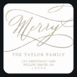 Romantic Gold Merry Return Address Envelope Square Sticker<br><div class="desc">These romantic gold merry return address envelope stickers are perfect for a simple holiday card or invitation envelope. The modern classic design features fancy swirls and whimsical flourishes with gorgeous elegant hand lettered faux champagne gold foil typography.</div>