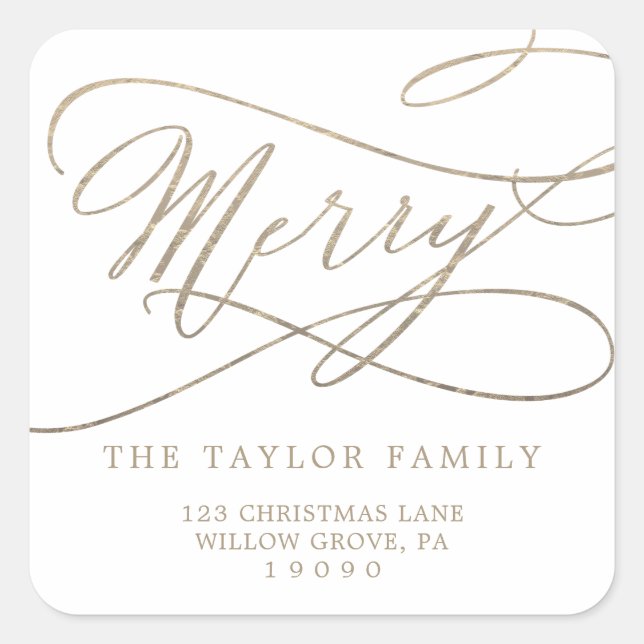 Romantic Gold Merry Return Address Envelope Square Sticker (Front)