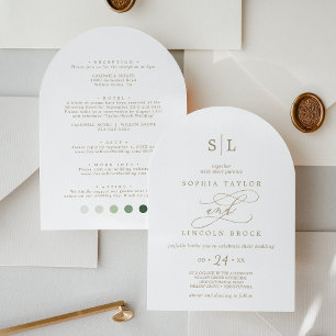 Romantic Gold Monogram Details Attire Arch Wedding Invitation