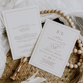Romantic Gold Monogram Double Sided Wedding Invitation