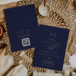 Romantic Gold Navy Monogram QR Code Back Wedding Invitation<br><div class="desc">This romantic gold navy monogram QR code back wedding invitation is perfect for a simple wedding. The modern classic design features fancy swirls and whimsical flourishes with gorgeous elegant hand lettered faux champagne gold foil typography. Save paper by including a QR code for your guest to view details, RSVP, or...</div>