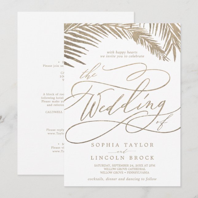 Romantic Gold Palm Leaves All In One Wedding Invitation (Front/Back)