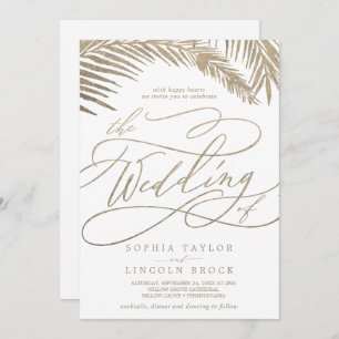 Romantic Gold Palm Leaves All In One Wedding Invitation